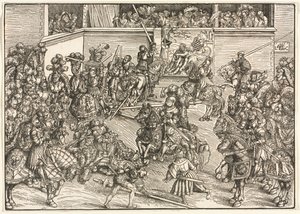 Den andra turneringen med Tapestry of Sampson and the Lion, 1509. av Lucas Cranach