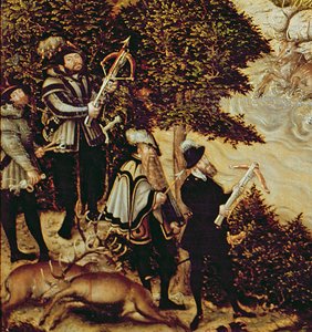 Johann Friedrich den storsint, kurfurst av Sachsen och kejsar Karl V jagar rådjur nära Hartenfels slott, Torgau, 1544 (uppgift om 38682) av Lucas Cranach the Elder