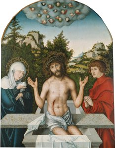 Pfirtscher Altartavla: Kristus som smärtornas man, sittande på en sarkofag mellan Jungfru Maria och Johannes [mittparti] av Lucas Cranach the Elder