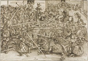 Den tredje turneringen, med riddare som bryter lansar av Lucas Cranach the Elder
