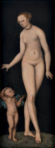 Venus med Amor som honungstjuv framför en svart bakgrund av Lucas Cranach the Elder