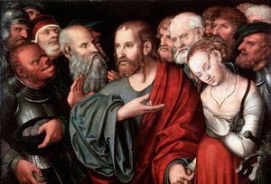 Kristus och kvinnan tagen i äktenskapsbrott, efter 1532. av Lucas Cranach the Younger