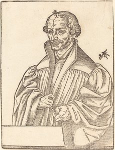 Philip Melanchton, Halvlängd till vänster, står bakom ett bröst av Lucas Cranach the Younger