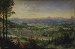 Utsikt över Linz med konstnärsteckning i förgrunden, 1593. av Lucas Valckenborch van