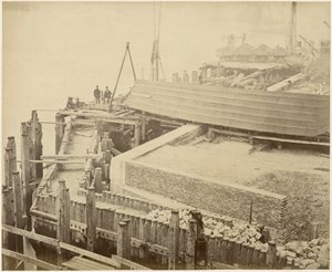 Konstruktion av den utökade Limehouse Basin, London, maj 1869 av Lucas and Tuck