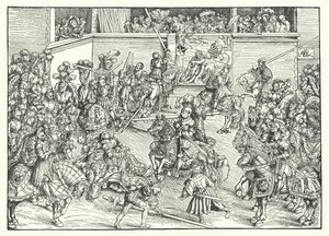 Turneringen med Simsons och lejonets gobeläng (gravyr) av Lucas the Elder (after) Cranach
