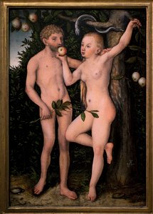 Adam och Eva. Målning av Lucas Cranach den förra (1472-1553), cirka 1538. Flamländsk konst 1500-talet. Nationalgalleriet, Sternbergpalatset, Prag (Tjeckien).