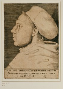 Martin Luther med doktorshatt. Gravyr ... (gravyr) av Lucas the Elder Cranach