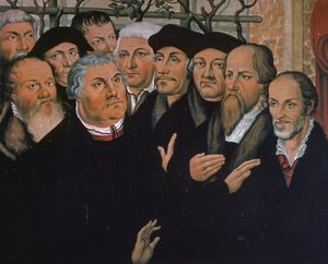 Martin Luther med representanter för protestantisk reformation, till höger Melanchthon, i centrum Erasmus av Rotterdam, detalj från Lazarus uppståndelse, målning av Lucas Cranach Elder (1472-1553)