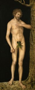 Människans fall: Adam - Lucas Cranach, den äldre (1472-1553). Olja på trä, ca 1510-1520. Mått: 137x54 cm. Konsthistoriska museet, Vienne av Lucas the Elder Cranach