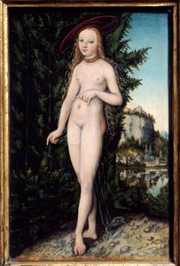 Venus står i en landskapsmålning av Lucas Cranach den äldre (1472-1553) 1529, Olja på trä, Dim. 0,38x0,25 m - Venus står i ett landskap. Målning av Lucas Cranach den äldre (1472-1553)