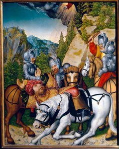 Konvertering på vägen till Damaskus (Syrien). (Omvändelsen på väg till Damaskus). Den helige Paulus (Saul) av Tarsus (ca 8-c. 67). Målning av Lucas Cranach den yngre (1515-1586), olja på trä. tysk konst
