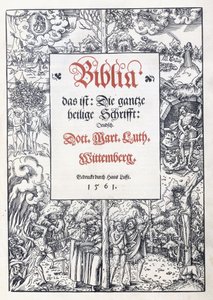 Titelsida, med en fin bildkant från "Biblia, das ist: Hela den heliga skriften: tyska", översatt av Martin Luther, 1560-1561