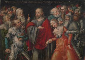 Kristus och äktenskapsbrytaren, ca 1545-50 (olja på bok) av Lucas the Younger studio of Cranach
