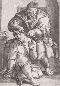 Frisörkirurg från 1600-talet som sköter en patients öra. av Lucas van (after) Leyden