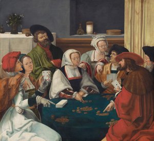 Kortspelarna, troligen ca 1550-99 (olja på duk) av Lucas van (after) Leyden