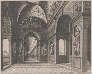 Interiör av en korsvalvsal dekorerad med grotesker av Lucas van Doetechum and Johannes