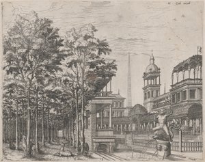 Landskap med träd, två rådjur och en palatsgård