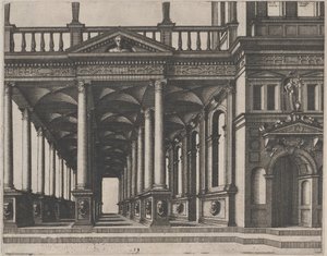 Öppen sal med stöd av korintiska kolumner av Lucas van Doetechum and Johannes