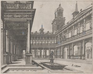 Palace Courtyard med fontän i en rektangulär bassäng