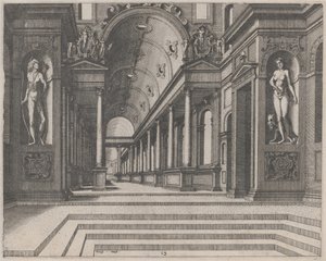 Utsikt i en kyrka med korintiska kolonner och statyer av Apollo, Melpomene och Moses