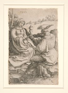 En adelsman och en dam som sitter i ett landskap av Lucas van Leyden