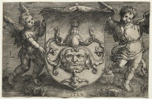 En sköld som bär en mask som stöds av två Genii av Lucas van Leyden