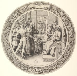 Kristus före Annas, från Circular Passion, 1509. av Lucas van Leyden