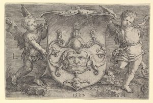 Vapensköld med mask, innehas av två genier, 1527. av Lucas van Leyden