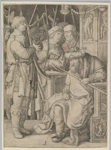 David spelar harpa inför Saul av Lucas van Leyden