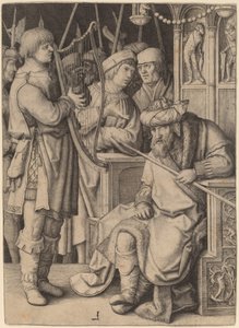 David spelar harpan före Saul av Lucas van Leyden