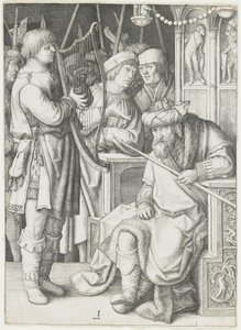 David spelar harpa inför Saul, ca 1508 av Lucas van Leyden
