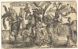 Hjältarna kung Arthur, Karl den Store och Godfrey av Bouillon The Nine Heroes (serietitel) av Lucas van Leyden