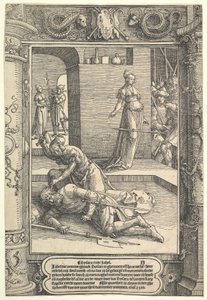 Jael Killing Sisera, prydnadsram, ca. 1517. av Lucas van Leyden