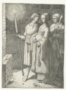 Ung man med en fackla, en kvinna och en nar av Lucas van Leyden