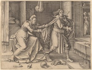 Josef flyr från Potifars hustru av Lucas van Leyden