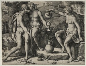 Lot och hans döttrar, 1530. av Lucas van Leyden