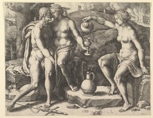 Lot och hans döttrar, 1530. av Lucas van Leyden
