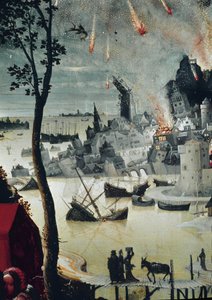Lot och hans döttrar, detalj om Sodoms förstörelse (olja på panel, cirka 1517) av Lucas van Leyden