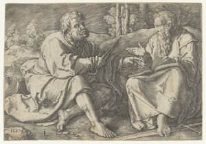 Paul och Peter sitter i ett landskap av Lucas van Leyden