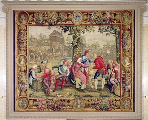 Paying the Harvesters, Gobelins Workshop (gobeläng) av Lucas van Leyden