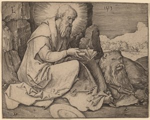 Saint Hieronymus i ett landskap av Lucas van Leyden