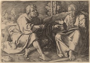 Saints Peter och Paul sitter i ett landskap av Lucas van Leyden