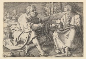 Sts. Peter och Paul sitter i ett landskap, 1527. av Lucas van Leyden