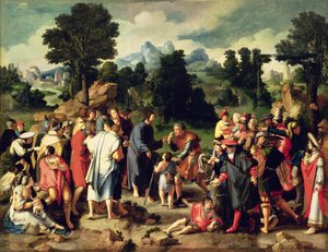 Helandet av den blinde mannen i Jeriko, central panel i triptyk, 1531 (olja på duk överförd från panelen) av Lucas van Leyden