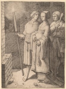 Mannen med facklan och en kvinna följt av en dåre av Lucas van Leyden