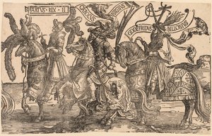 De nio hjältarna: Arthur, Karl den store Karl den store, Godfrey av Bouillon, 1515-1517. av Lucas van Leyden