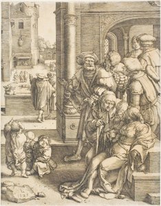 Poeten Vergilius upphängd i en korg av Lucas van Leyden