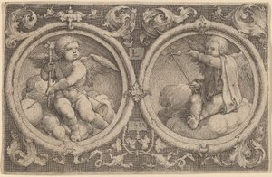 Två cupids som sitter på moln i två cirklar av Lucas van Leyden