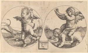 Två cupider i två cirklar av Lucas van Leyden